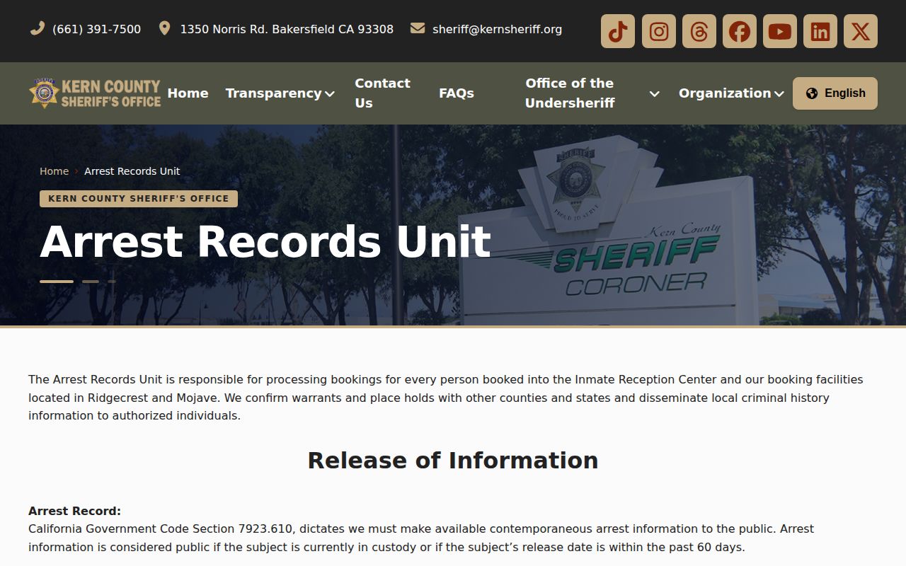 Kern County booking photo and arrest records policy