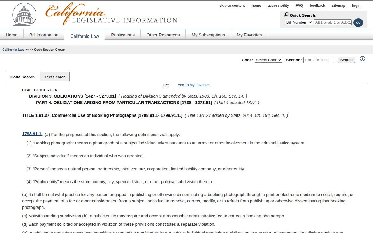 California law governing Kern County booking photo removal fees