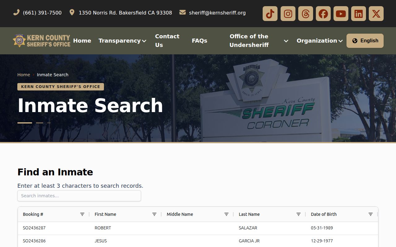 Kern County official inmate roster record search