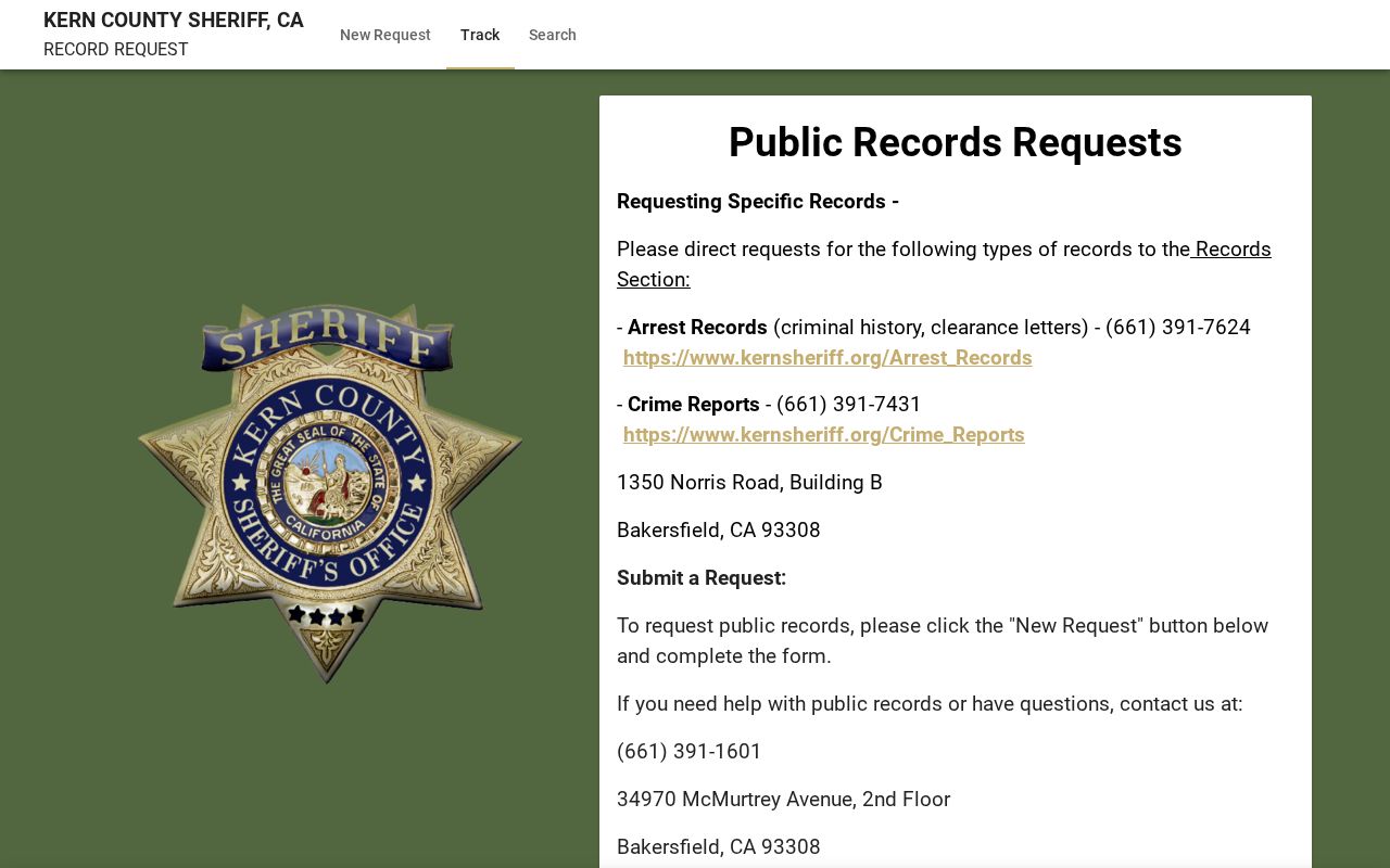 Kern County arrest and booking record request portal