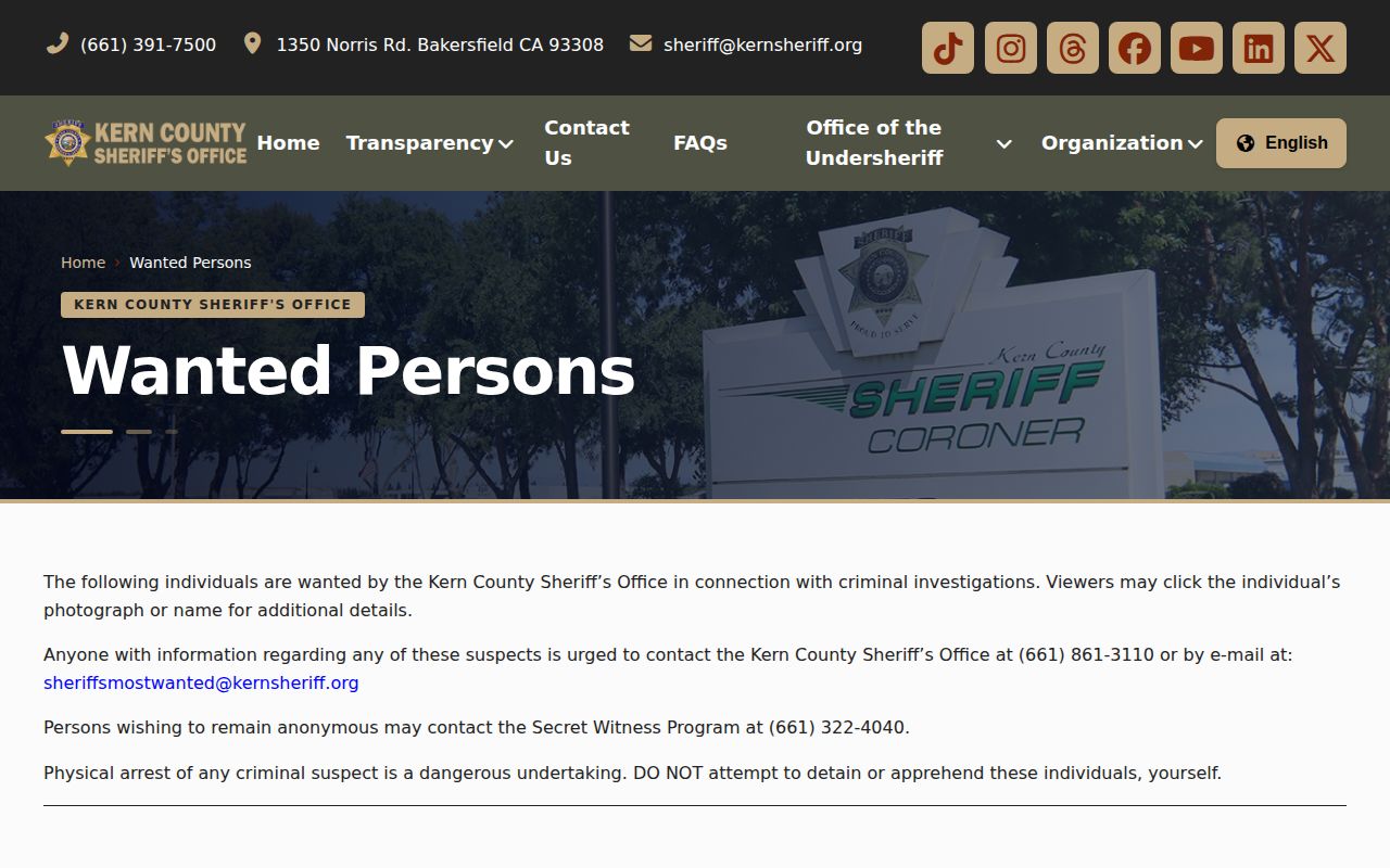 Kern County Sheriff most wanted record page