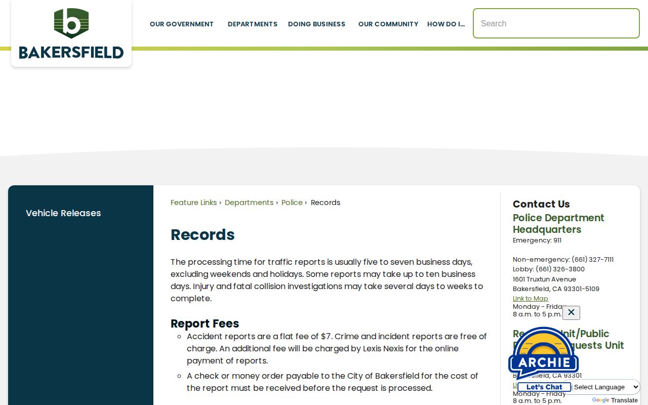 Bakersfield Police Department arrest records request information in Kern County