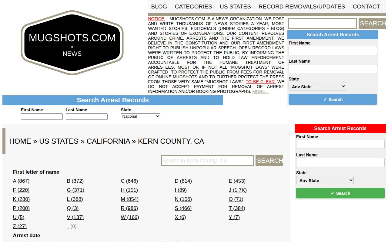Unofficial Mugshots.com Kern County booking photo section