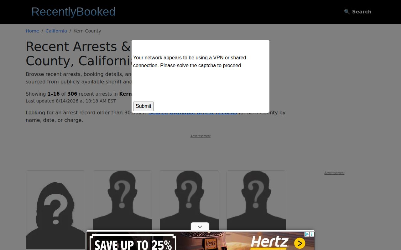 Unofficial Kern County booking record page on RecentlyBooked