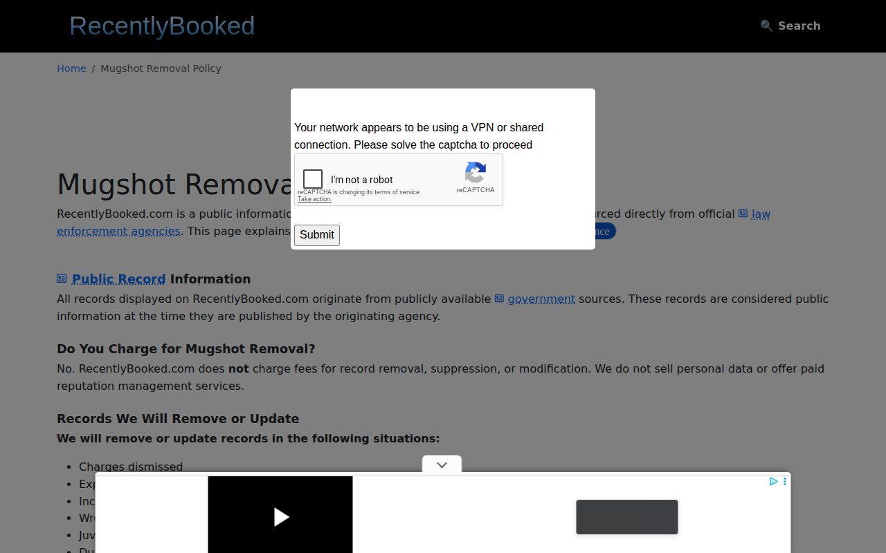 Free correction and removal policy for unofficial Kern County booking records