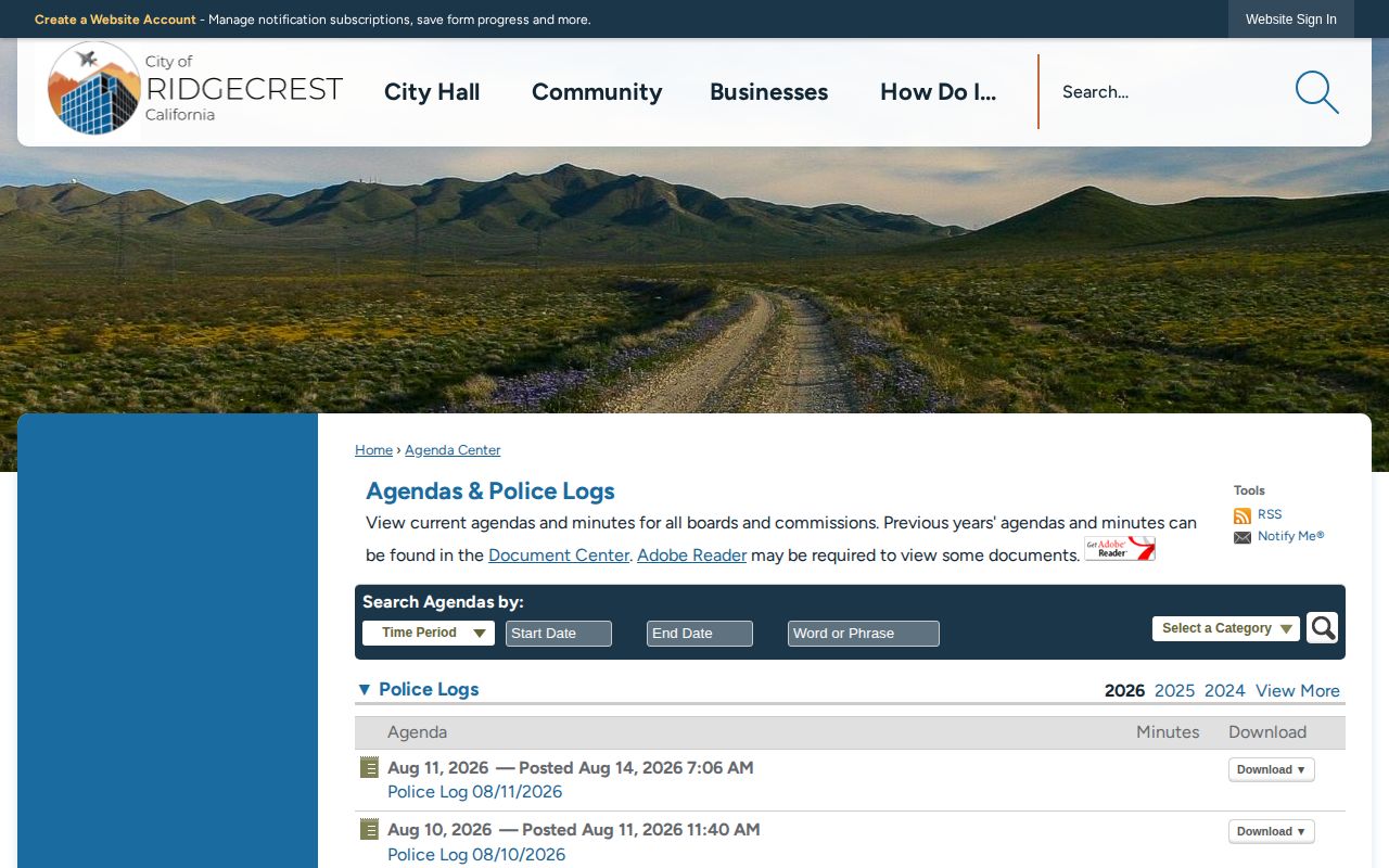 Ridgecrest Police Department daily arrest and incident log archive in Kern County